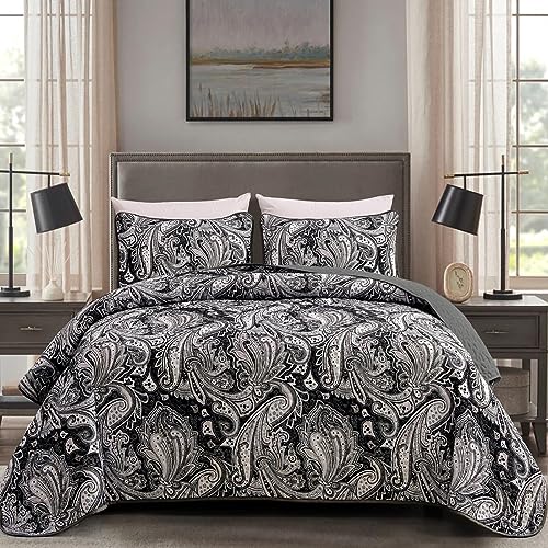 "DJY Black Paisley Quilt Set California King Boho Bedspread 3 Pieces, Soft Lightweight Microfiber Coverlet Set Black Gray Paisley Floral Pattern Bedding for All Season, 112""x96"""