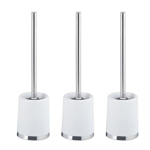 Relaxdays Toilet Brush with Holder, Set of 3, Removable Head, Inner Thread Ø 7cm, Plastic, Loo Cleaner, WC, Matt White