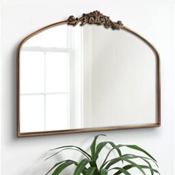 "OUSHUAI Gold Arched Mirror for Wall - Baroque Fireplace Decor, Brass Victorian Vintage With Full Metal Frame, Ornate for Entryway/Bathroom/Living Room/Hallway 36""X30"""