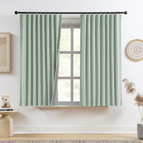 RAIN CITY Light Green Linen Blackout Curtains 45 Inch Long for Living Room,2 Panels Pinch Pleated Drape with Hooks Back Tab Boho Decor, Textured Full Black Out Curtains for Bedroom 50 x 45