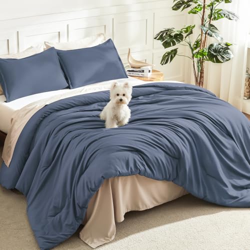 Litanika Slate Blue Queen Comforter Set, 3 Pieces Lightweight Solid Bed Set - Soft Fluffy Down Alternative All Season Quilt Blanket