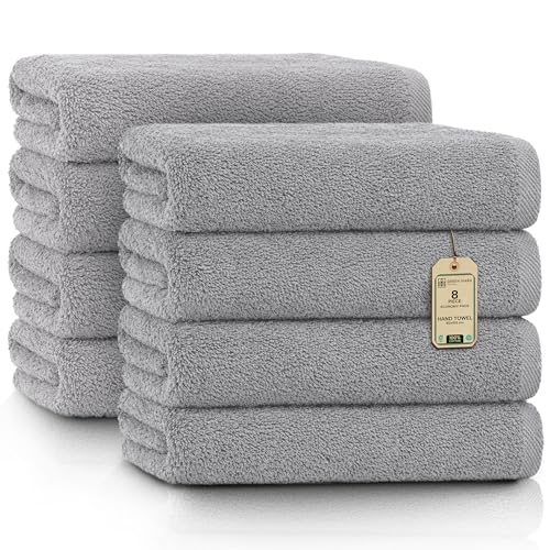 GREEN MARK Hand Towels - Set of 8 – 100% Cotton, Soft & Absorbent, Premium Quality for Bathroom, Spa and Gym, 50 × 100 cm, Silver Grey