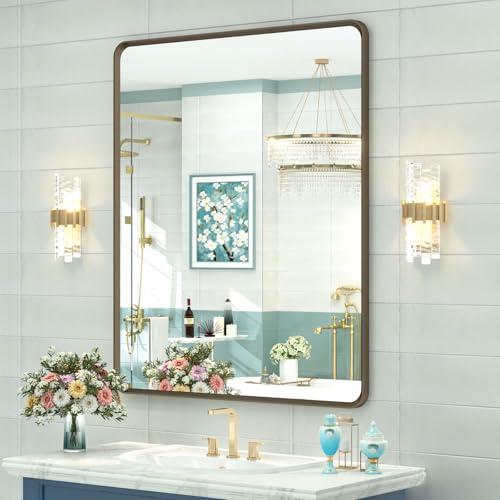 OKPAL 30x36 Bronze Bathroom Wall Mirror, Modern Brushed Metal Framed Mirror for Vanity, Bronze Rounded Rectangle Mirror, Anti-Rust, Tempered Shatterproof (Horizontal/Vertical)