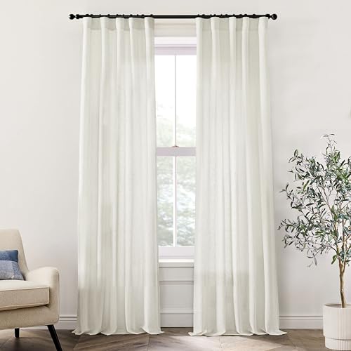 XTMYI 86 Inch Linen Curtains,2 Panels Set Semi Sheer Boho Back Tab Pleated Rod Pocket Curtain Drapes for Living Room Bedroom,Cream Ivory,40x86 in Long
