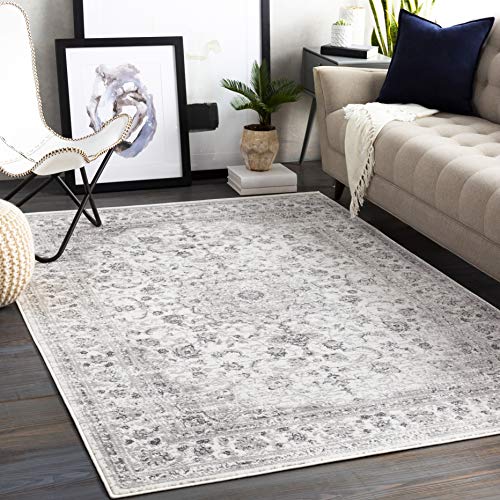 Livabliss Sanvi Hergla Vintage Style Floor Covering 200x275 cm – Scandi Neutral Traditional Pattern for Living Room, Hallway & Bedroom, Easy Care, Grey & White