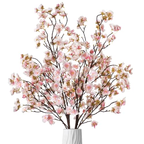 Ammyoo 4 Pcs Artificial Cherry Blossom Flowers Bulk Silk Faux Flowers Real Touch Bouquet for Christmas Halloween Home Wedding Decoration(Champagne)