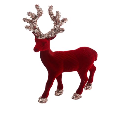 Christmas Velvet Reindeer Figurine 20cm - Wine Red Flocking Deer Ornament with Sequin Glitter Antlers - Festive Table Decoration for Mantel, Shelf, Centerpiece and Home Dรฉcor