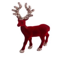 Christmas Velvet Reindeer Figurine 20cm - Wine Red Flocking Deer Ornament with Sequin Glitter Antlers - Festive Table Decoration for Mantel, Shelf, Centerpiece and Home Décor