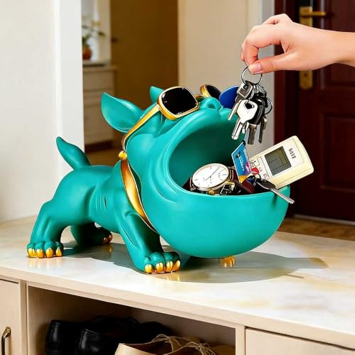 CUZOKOLA Cute French Bulldog Gifts Statue Animal Blue Turquoise Dog Candy Dish Modern Candy Bowls for Office Desk Gold Big Mouth Storage Resin Status Figurines for Home Decor with Glasses Frame Key