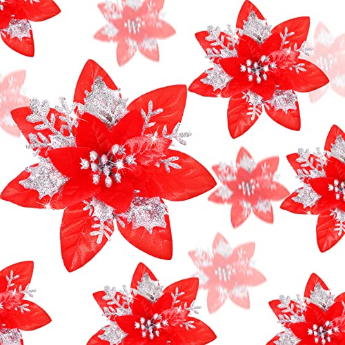 36 Pcs Christmas Glitter Artificial Poinsettia Flowers Xmas Poinsettia Artificial Wedding Flowers Decorations Xmas Tree Ornaments with Clips for Party Favors, 6 Inch, 4 Inch, 3 Inch (Red and Silver)