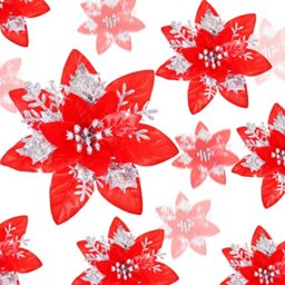 36 Pcs Christmas Glitter Artificial Poinsettia Flowers Xmas Poinsettia Artificial Wedding Flowers Decorations Xmas Tree Ornaments with Clips for Party Favors, 6 Inch, 4 Inch, 3 Inch (Red and Silver)
