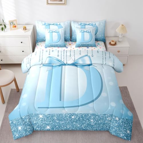 Teen Girl Letter Initial D Queen Comforter Set for Kids Adults Women - Cute Alphabet Bow Bed in a Bag Girly Dreamy Coquette Bow 7-Piece Bedding Set Modern Trendy Fashion Bows Quilt Duvet Sets