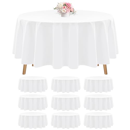 FXKS 10 Pack White Round Tablecloth 90 inch Circle Polyester Table Cloth, Stain and Wrinkle Resistant Table Cover, Washable Fabric Round Table Clothes for Wedding Banquet Party Restaurant Dining