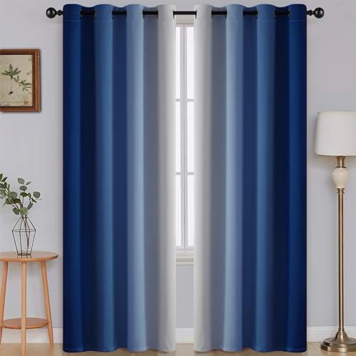 SimpleHome Ombre Blackout Curtains, Gradient Royal Blue to Grey-White, Light Blocking, Heat Insulating, Eyelets, for Bedroom and Living Room, 2 Panels, approx. 51 x 85 inches (Height x Width)