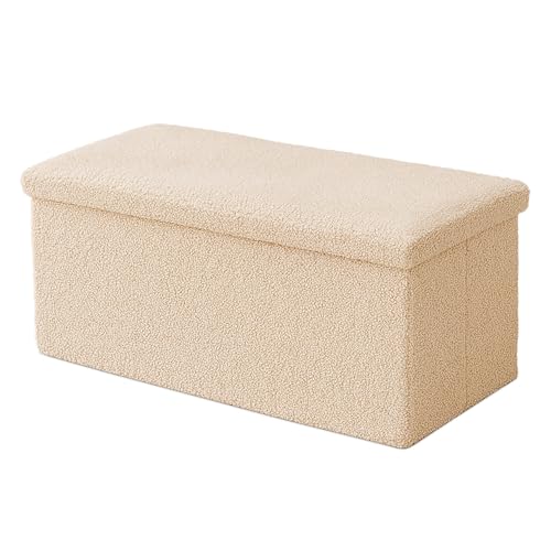 Relaxdays folding storage bench, teddy fabric, upholstered, hallway, bedroom, HWD: 38x76x38 cm, beige