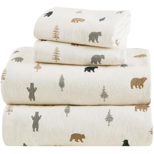 "Comfort Spaces 100% Cotton Flannel Sheets Twin XL, Ultra Soft Cozy Flannel Sheet Set with 12"" Elastic Pocket Fits up to 14"" Mattress, Novelty Print Warm Flannel Bedding, Bear/Trees 3 Piece"