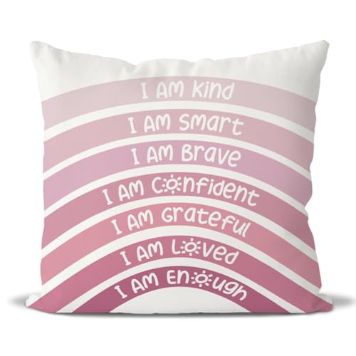 QIYUHOY Boho Rainbow Classroom Throw Pillow Covers, Book Center Calming Corner Playroom Decor Pillow Case, Purple Pillow Cover, I Am Kind Smart Brave Confidence 18x18 Inch Pillowcase(Pink)