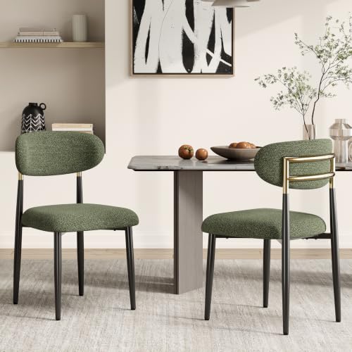 MALOL Dining Chairs Set of 2, Fabric Chairs for Dining Room with Metal Legs & Curved Backrest & Thick Cushion, Upholstered Kitchen Chair with Anti-Slip Pads, Green