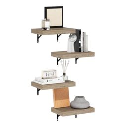 Furinno TANNA Floating Shelves for Wall Set of 4, 15-Inch Wall Shelf, Wall Mounted Shelf, for Bathroom, Home Office, Living Room, Natural