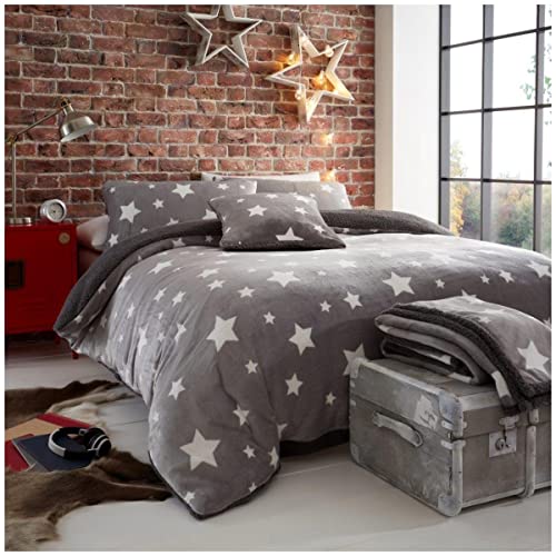 GC GAVENO CAVAILIA Premium Teddy Fleece Star Duvet Cover, Fluffy Fitted Sheet Soft Warm & Cosy Quilt Bedding Set, Double, Grey 655268