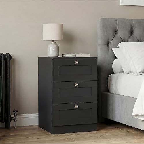 Vida Designs Altino 3 Drawer Bedside Table Set of 2 - Black - 62H x 40W x 36D cm - Compact Space-Saving Nightstand - Engineered Wood - Modern Shaker Style - Ideal for Bedroom, Guest Room