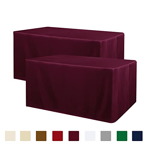 Obstal 2 Pack Fitted Table Covers for 4 Foot Tables - Water Resistant Washable Fabric Polyester Rectangle Table Cover Protector for Wedding, Banquet and Trade Shows, 48L x 24W x 30H Inches, Burgundy