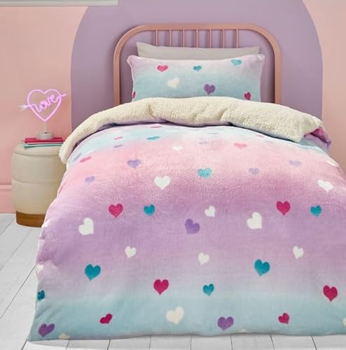 Bedlam Pink Heart Teddy Fleece Duvet Cover Set – Single Size 140x200cm – Soft & Cosy Ombre Bedding for Girls – Rainbow Quilt Cover with Love Heart – 1 Pillowcase – Fluffy Kids Bed Set