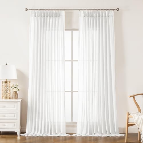"WEST LAKE Bright White Pinch Pleated Sheer Curtain Panels 112 Inches Length - Soft Frech Pleat Drapes for Bedroom Living Room Patio Sliding Door,Modern Window Treatment,58""Wx112""L,Pack of 2"