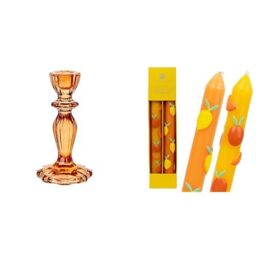Orange Glass Candlestick Holder & Citrus 3D Lemons Oranges Candles Summer Bundle