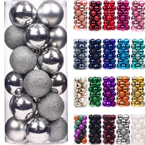 Emopeak 24pcs Mini Christmas Ball Ornaments for Christmas Tree - Unbreakable Christmas Tree Decorations Hanging Ball for Wedding Party Decoration (Silver, 3cm-3cm)