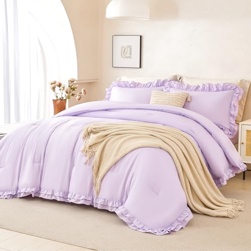 PERFEMET Lavender Ruffled King Comforter Set Purple Ruffle Comforter Shabby Chic Bedding Solid Color Soft All-Season 5 PCS Bed in A Bag with Sheets for Women (Purple, King)