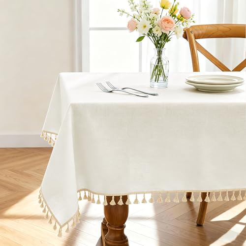 "Alsoo Table Cloth Rectangle Table Heavy Duty Cotton Linen Texture Tablecloth Farmhouse Waterproof Wrinkle Free Tables Cover with Tassel for Kitchen Dining Holiday Party, Ivory, 55"" x 75"""