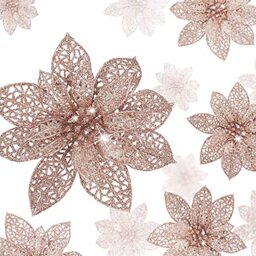 24 Pieces Glitter Poinsettia Christmas Tree Ornament Christmas Flowers Decor Ornament, 3/4/6 Inches (Rose Gold)