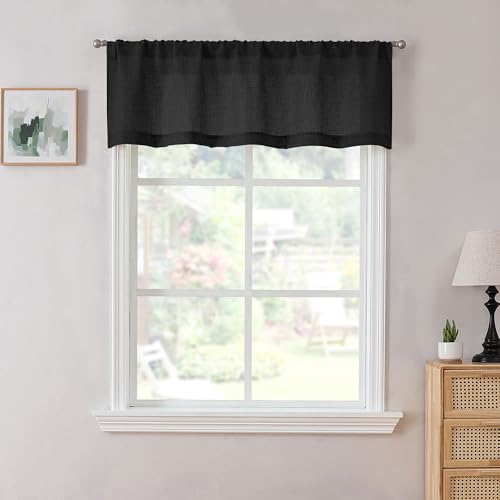 Tollpiz Linen Valance Bedroom Rod Pocket Semi Sheer Curtain Valances Burlap Light Filtering Thick Linen Valance Drape for Living Room, 54 x 16 inches Long, Black, Set of 1 Panel