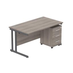 Office Hippo Heavy Duty Contract Grade Office Desk Workstation and Lockable 3-Drawer Pedestal Set, 120kg Weight Tolerance, 5-Year Warranty, FSC Certified, Alaskan Grey Oak, Graphite Legs, 1400 x 800mm