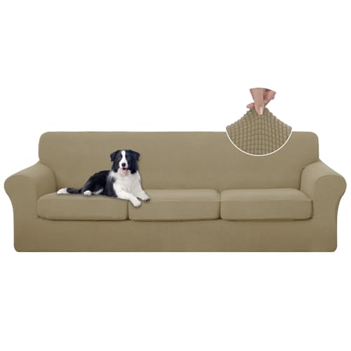 U-NICE HOME 4 Pieces Oversized Stretch Couch Cover Sofa Cover Washable Slipcover with Individual Seat Cushion for 3 Cushion Couch Sofa Pet Friendly(Oversized Sofa, Sand)