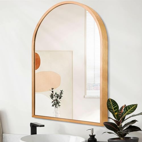 "HLFMVWE Arched Wall-Mounted Mirror Gold Arch Mirror Aluminum Alloy Frame Bathroom Mirror for Vanity Living Room, Bedroom, and Entryway 20""x16"""