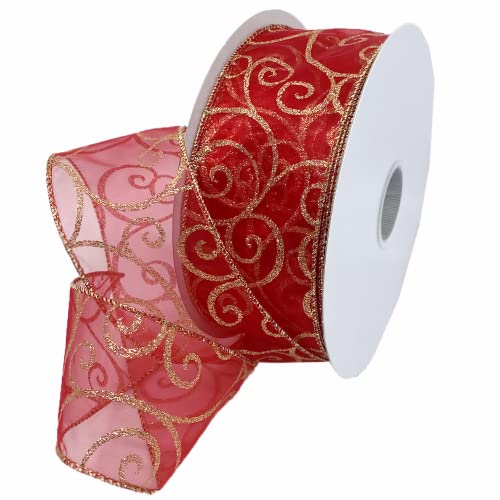 "Morex Ribbon 7416.60/50-934 Swirl 2.5"" X 50 YD Nylon Sheer Curling Wired Glitter Ribbon, Red/Gold, Holiday Ribbons for Crafts and Christmas Decorations, Indoor Christmas Ribbon for Gift Wrapping"