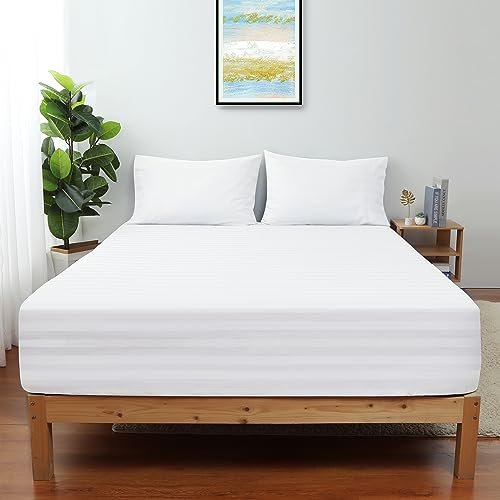 "King Size Striped Fitted Sheet Only White Color, 100% Egyptian Cotton 600 Thread Count, 16"" Deep Pocket Premium Cotton Mattress Sheet (1 Bottom Sheet Only)"