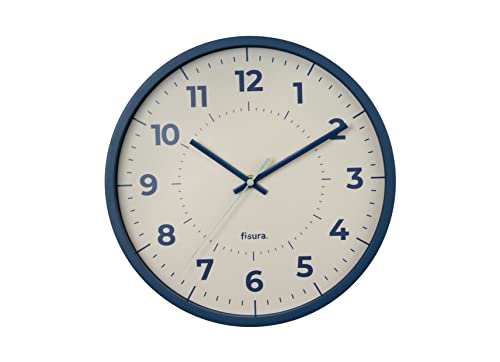 FISURA - Modern blue wall clock. Modern kitchen clock. Blue and white wall clock. 30 centimeters in diameter. ABS and glass. 1 AA battery