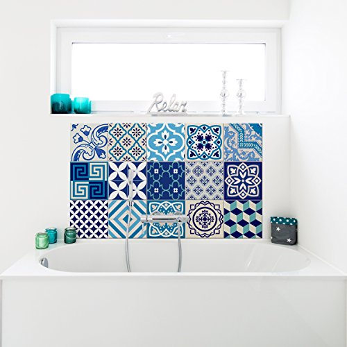 Ambiance-Live 15 Adhesive Tile Stickers - Bathroom and Kitchen Wall Mosaic Tiles - 10 x 10 cm, Blue, Set of 15
