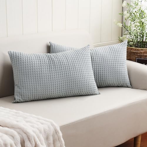"100% Egyptian Cotton 600 TC Waffle Weave Lumbar Pillow Covers 2 Pack - Ultra Soft Breathable Rectangle Throw Pillow Covers, Decorative Cushion Covers for Bed Couch Sofa Car, Gray, 12"" x 20"""