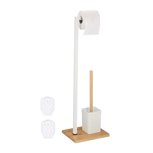 Relaxdays WC Set, Bamboo, Stainless Steel, Free-standing, incl. 2 Spare Heads, Toilet Roll & Brush Holder, White/Natural