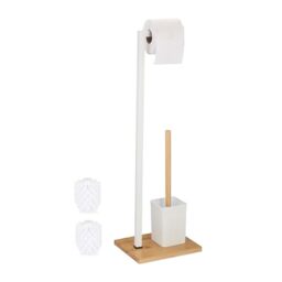 Relaxdays WC Set, Bamboo, Stainless Steel, Free-standing, incl. 2 Spare Heads, Toilet Roll & Brush Holder, White/Natural