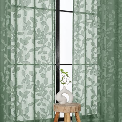 OVZME Sage Green Sheer Curtains 84 inches Long 2 Panels for Living Room, Jacquard Clip Leaf Pattern Textured Light Filtering Window Semi Sheer Voile Drapes for Bedroom, Each Panel 42 x 84 Inch