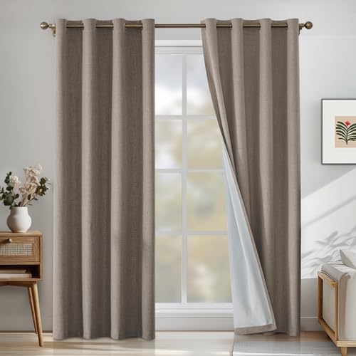 CYCMACO Linen 100% Blackout Curtains for Bedroom, Black Out Curtains 84 Inch Long, Room Darkening Curtains for Living Room, Long Curtain Grommets Drapes, Thermal Curtains(2 Panels, Brown)