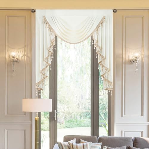 VOGOL White Velvet Swag Valances, Luxury European Style Waterfall Valance Widow Treatment with Bead Tassels, Soft Touch Privacy Curtains for Living Room, 39 Inches Wide, 1 Panel