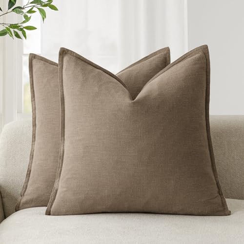 Foindtower Pack of 2, Decorative Linen Soild Throw Pillow Covers Soft Accent Cushion Case Boho Farmhouse Neutral Pillowcase for Chair Couch Sofa Bedroom Living Room Home Decor 18 x 18 Inch Light Brown