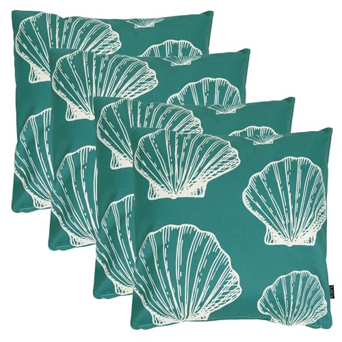 icon Indoor Outdoor Cushions Filled, Summer Collection, Large Seashell, Set of 4, 43cm x 43cm, Water Resistant, Green Outdoor Cushions for Garden Furniture, Lounge, Garden, Patio