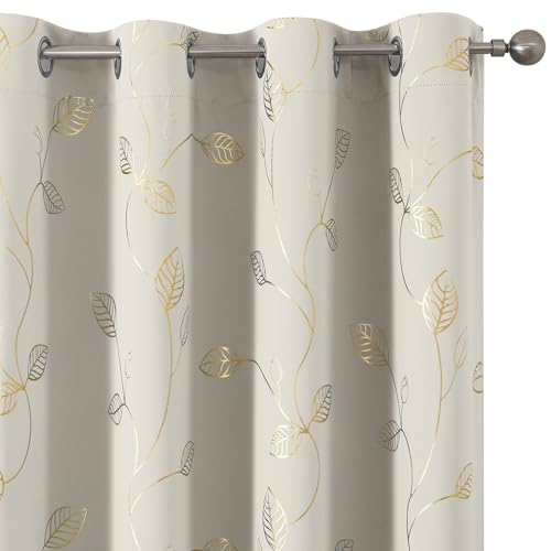 BUHUA Blackout Curtains 96 Inches Length Gold Leaf Pattern Designed Window Drapes Room Darkening Noise Reducing Thermal Insulated Curtains, 52W x 96L, Natural, Set of 2 Panels
